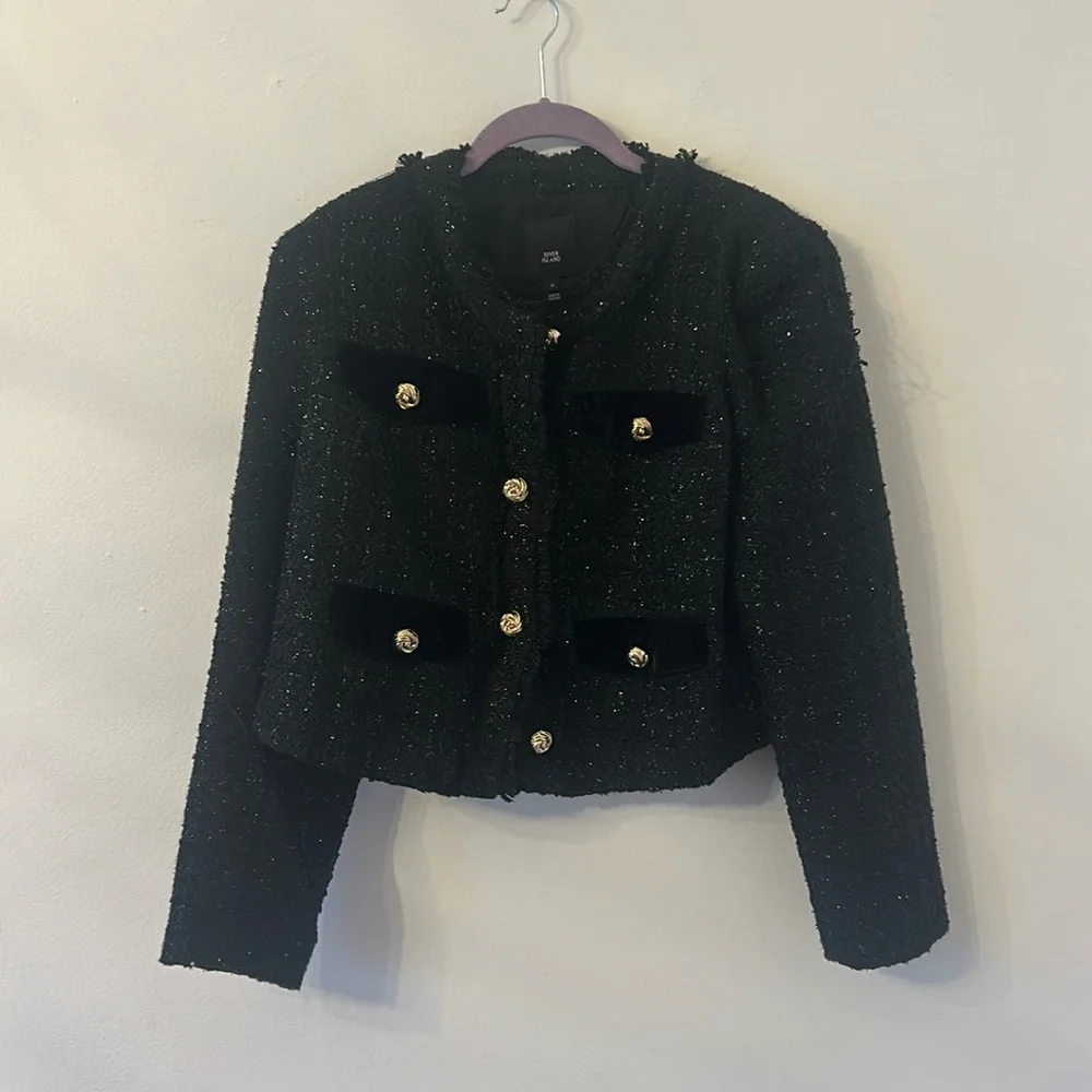 River Island Black Button Front Tweed Boucle Blazer Jacket Size 12 - Picture 5 of 7
